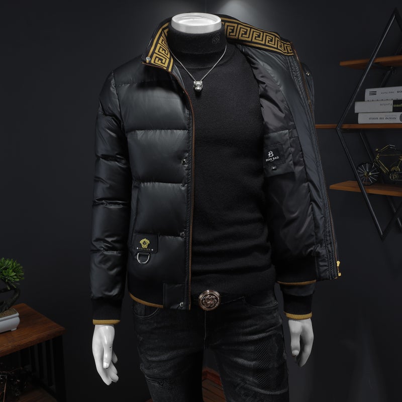 European Goods 2024 Winter New Men'S Fashion White Duck Down Rhinestone Embroidered Stand Collar Down Jacket Warm Coat - Image 4
